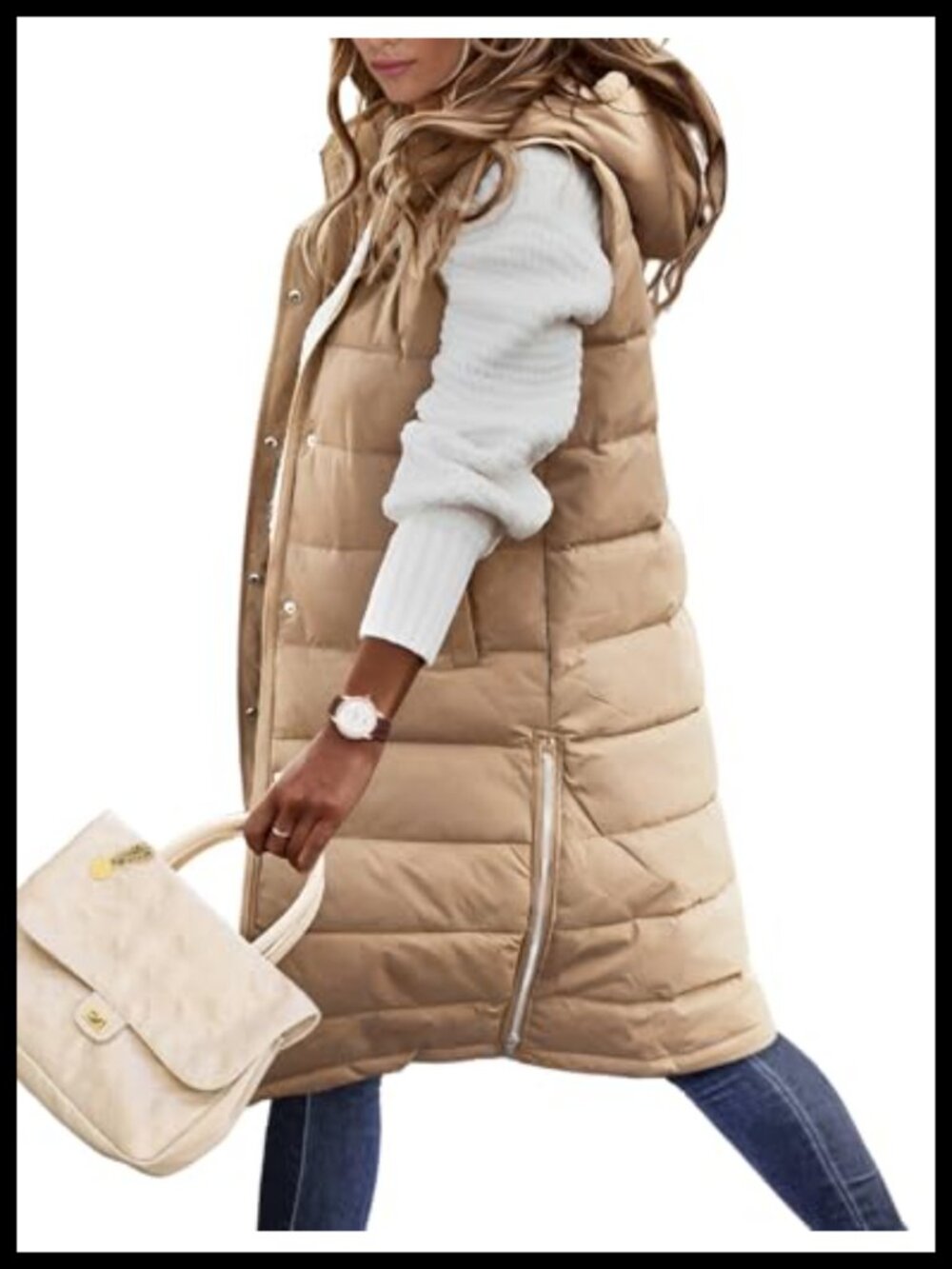 Long Quilted Puffer Vest with Hood Sleeveless Winter Jacket